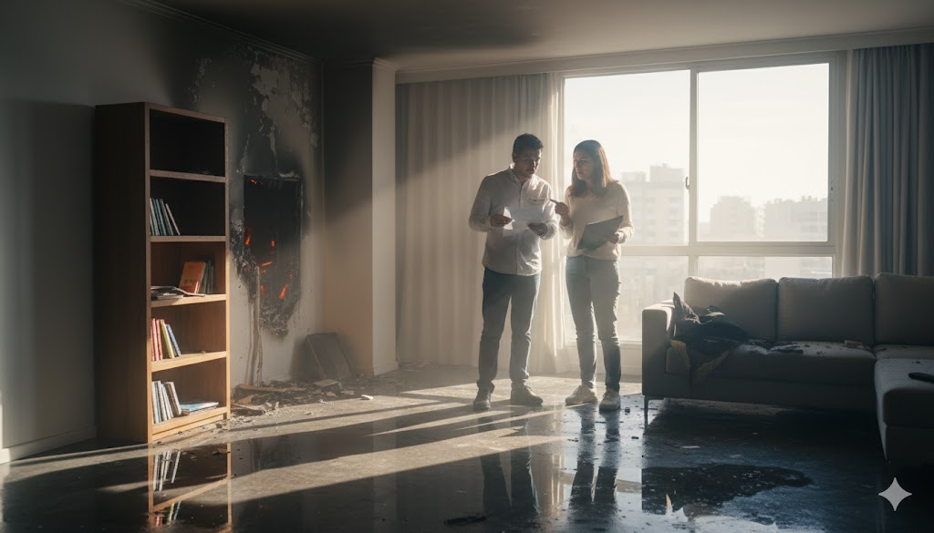 Casa danada por incendio con bomberos trabajando en Chile